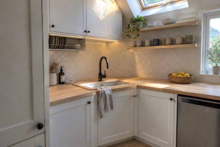 A small kitchen with a sink set at the corner of two wood countertops and white cabinets.