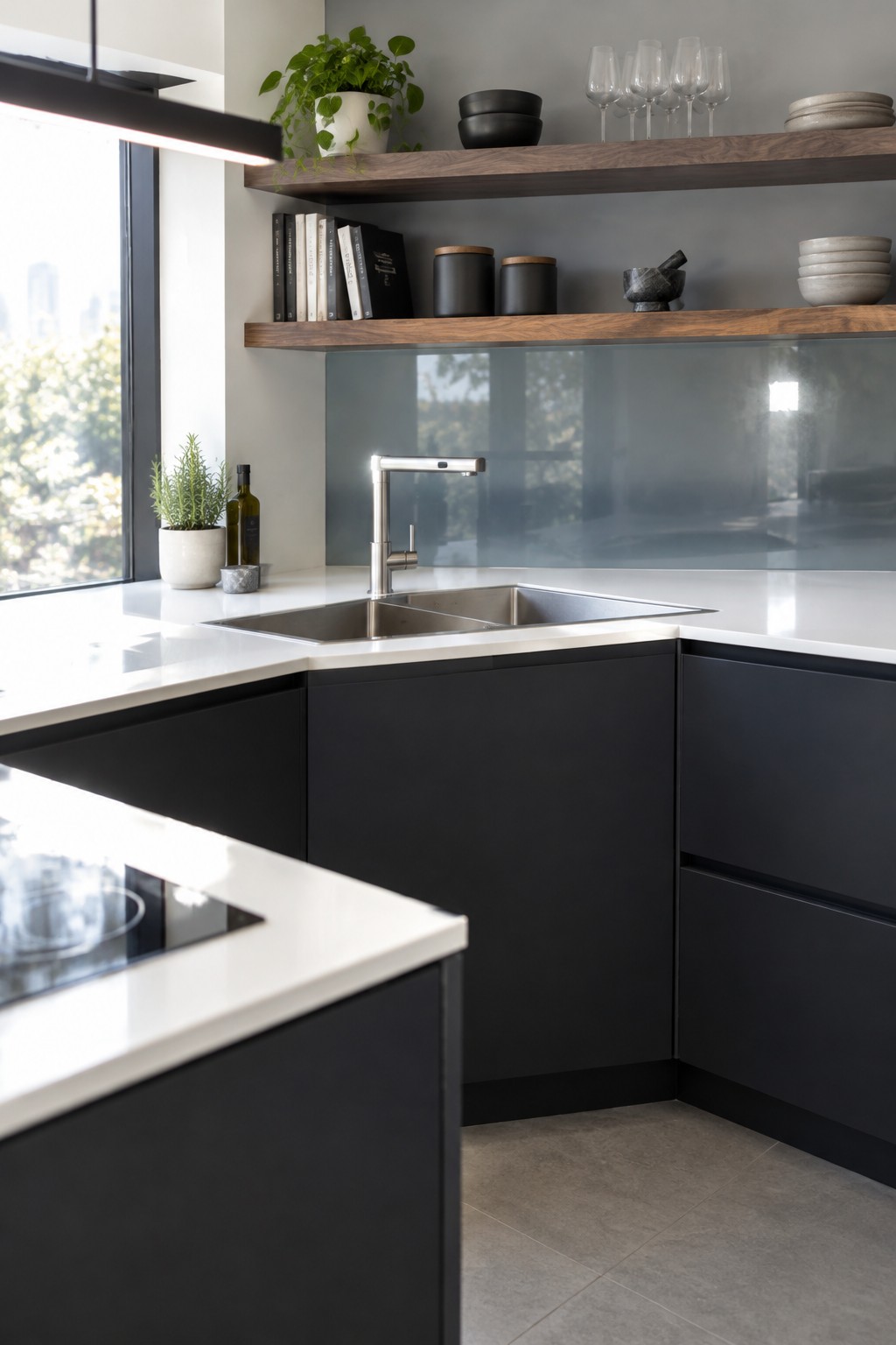 A stainless steel sink sits in the corner of a kitchen with white counters and dark lower cabinets.