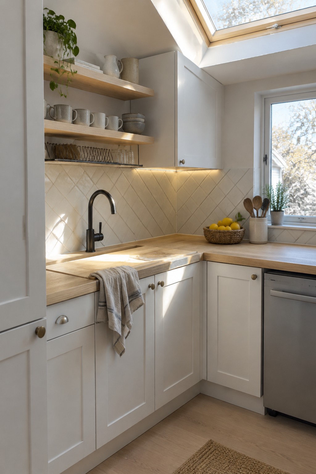 A small kitchen with a sink set at the corner of two wood countertops and white cabinets.