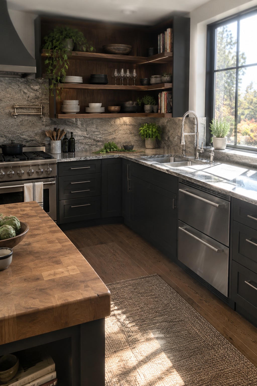 A stainless-steel sink sits in the corner of an L-shaped kitchen counter beneath a window.