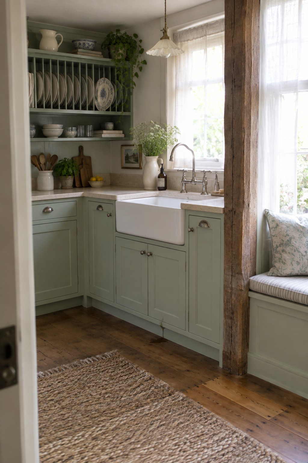 A white farmhouse sink sits in the corner of a sage-green kitchen beneath a window.