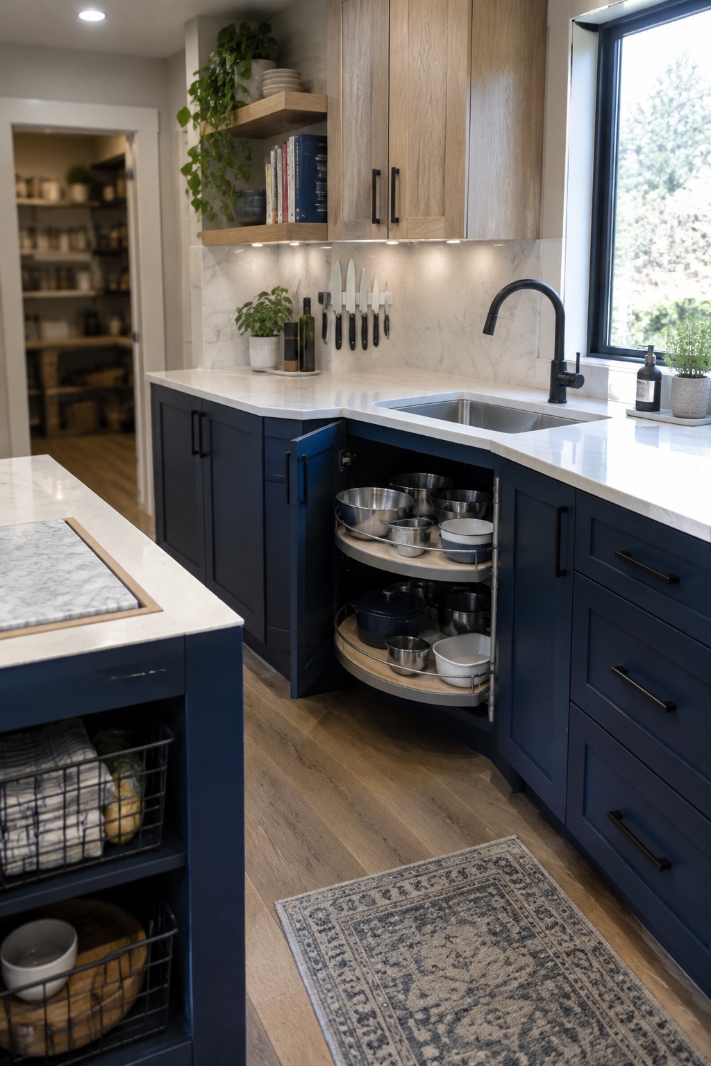 A kitchen corner cabinet with two curved swing-out shelves holding pots, bowls, and metal mixing bowls.