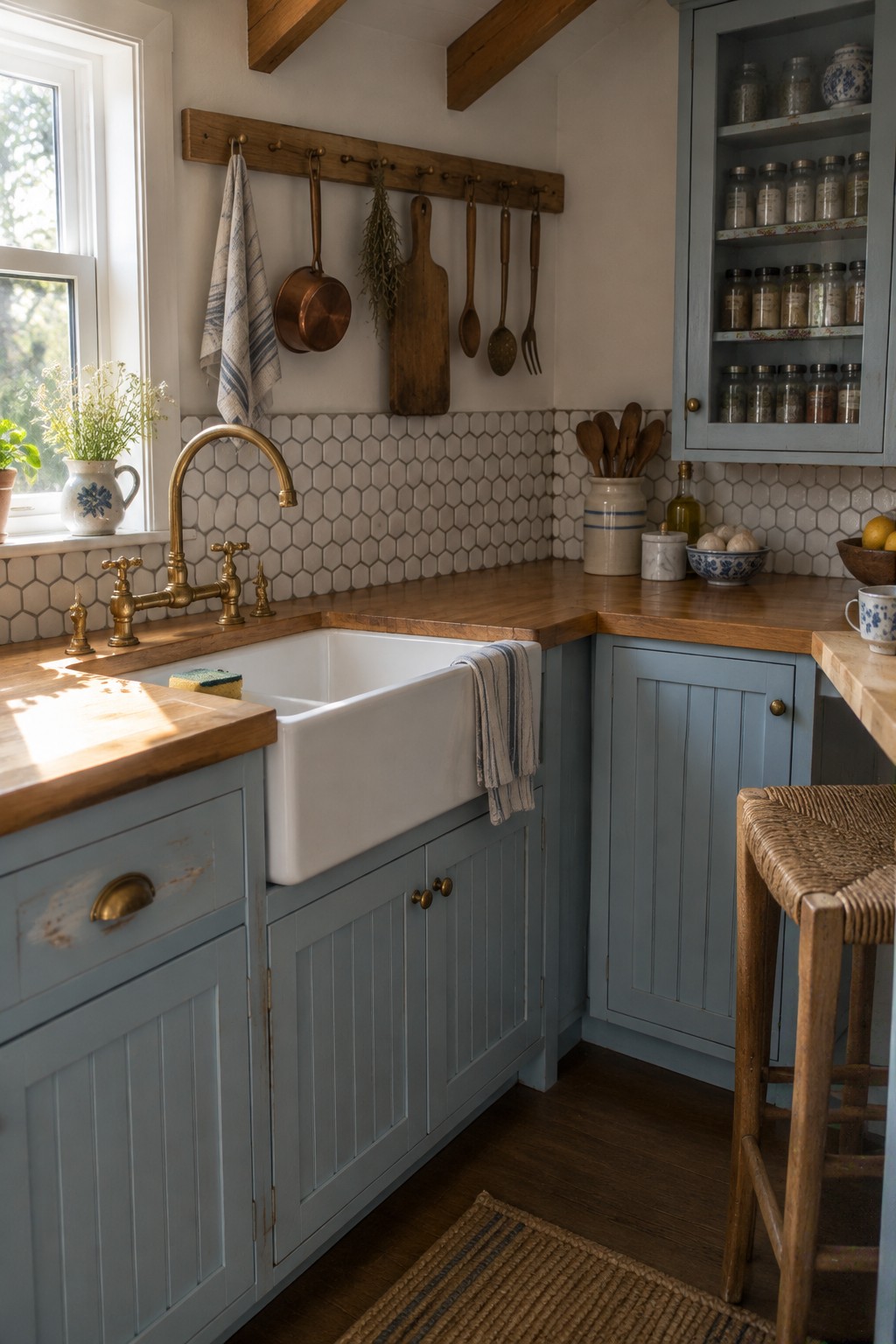A white farmhouse sink sits in the corner of a kitchen with blue cabinets and wood countertops.