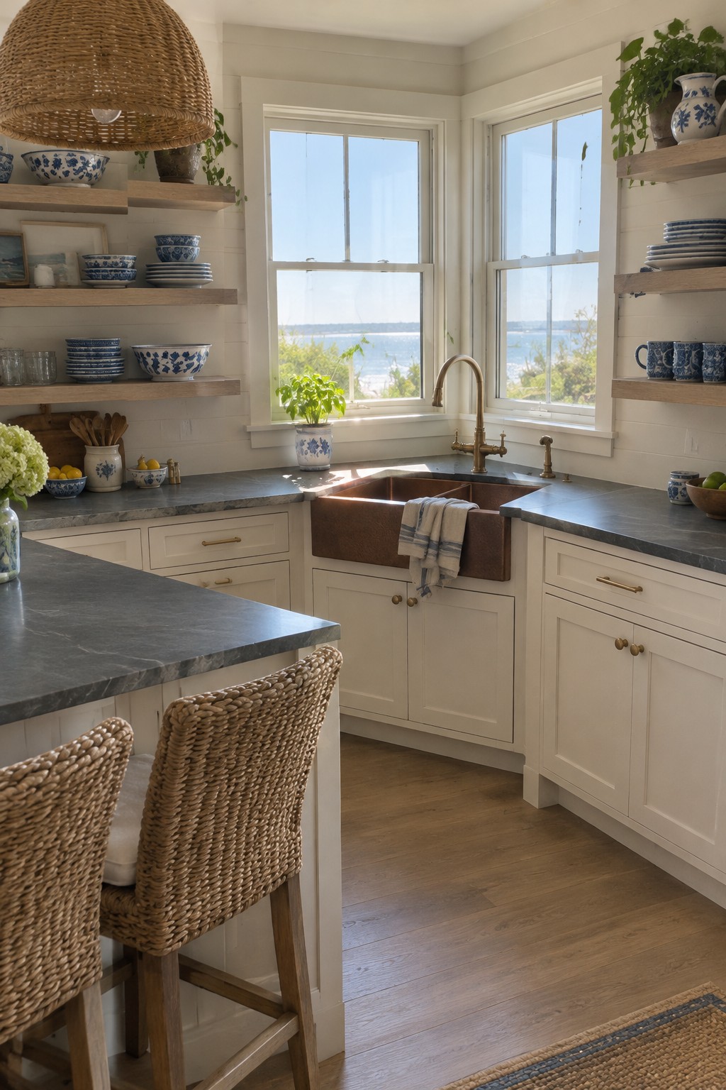 A copper farmhouse sink sits in a corner beneath two windows, with cream cabinets and dark countertops.