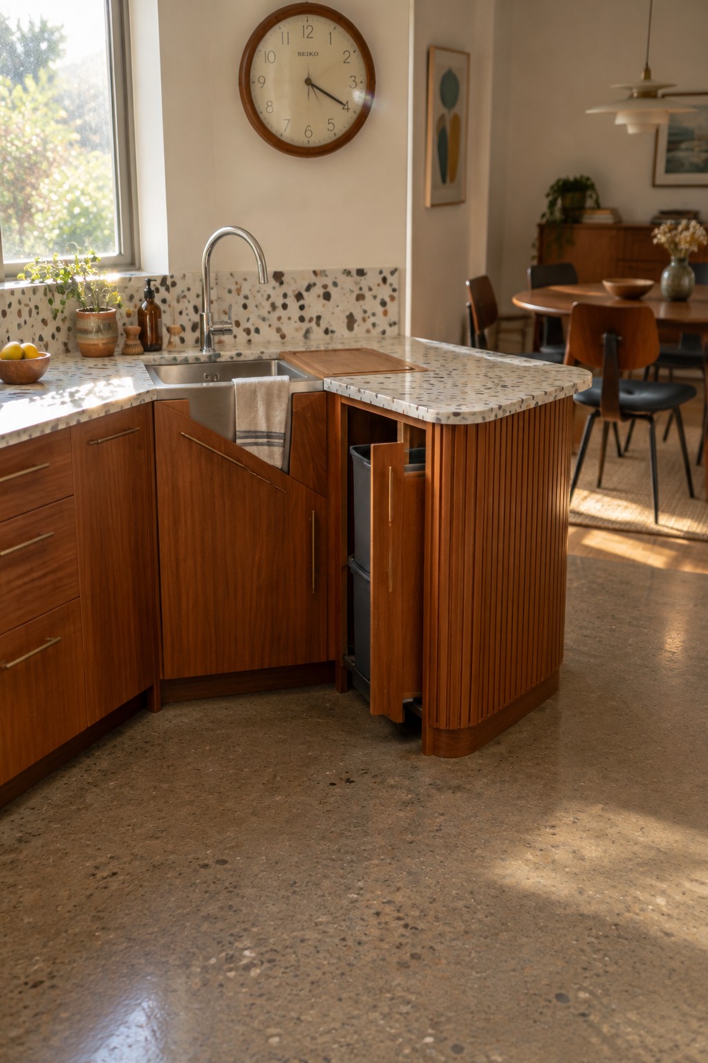 A stainless-steel sink sits in a corner beneath a wall clock, surrounded by speckled counters and wooden cabinets.