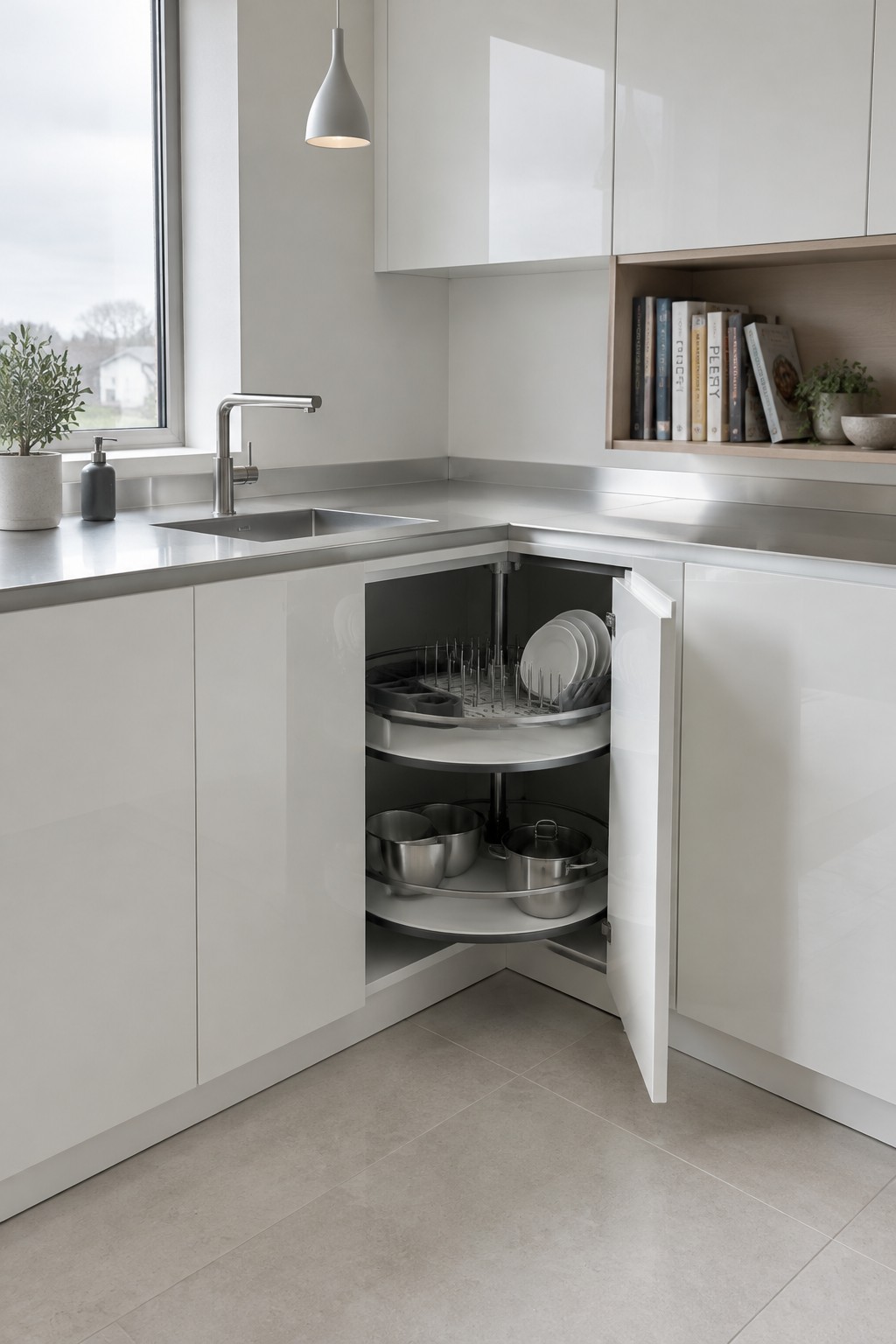 An open white corner sink cabinet with two rotating shelves holding plates, bowls, and pots.
