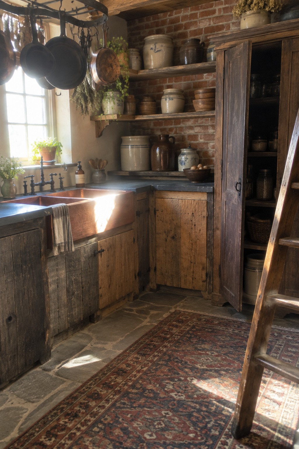 An old-fashioned kitchen with a corner sink, wooden cabinets, and open shelves holding ceramic crocks.