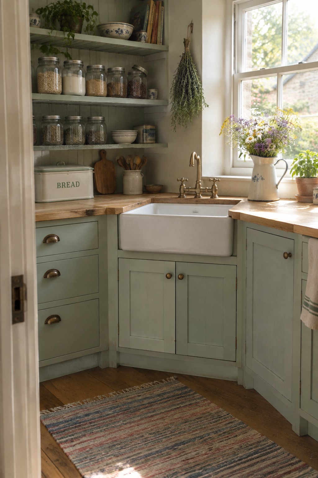 A white farmhouse sink sits in a corner beneath a window, with open shelves holding glass jars and bowls.