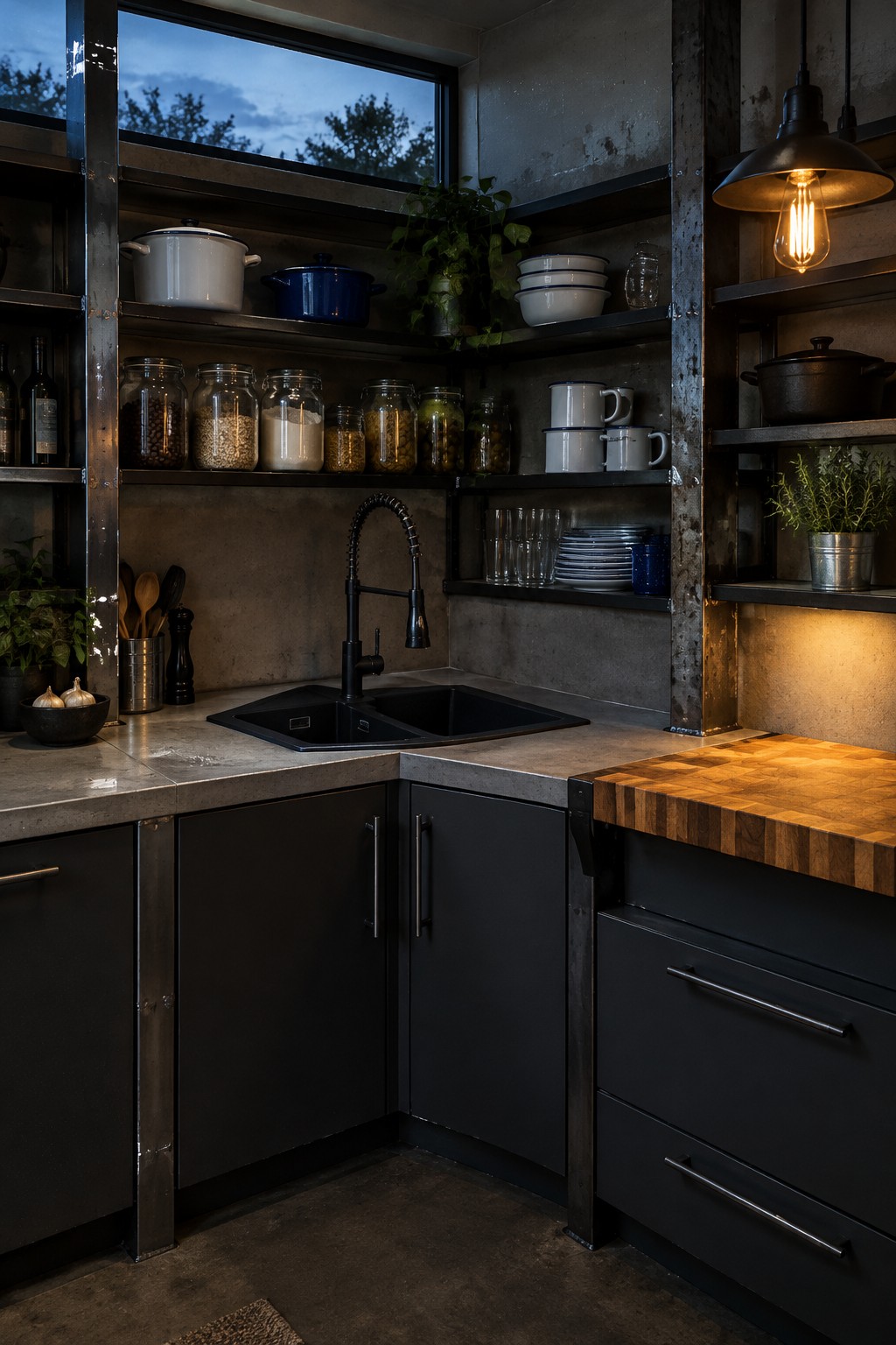 A black corner sink sits beneath open metal shelves holding jars, mugs, dishes, and cookware.