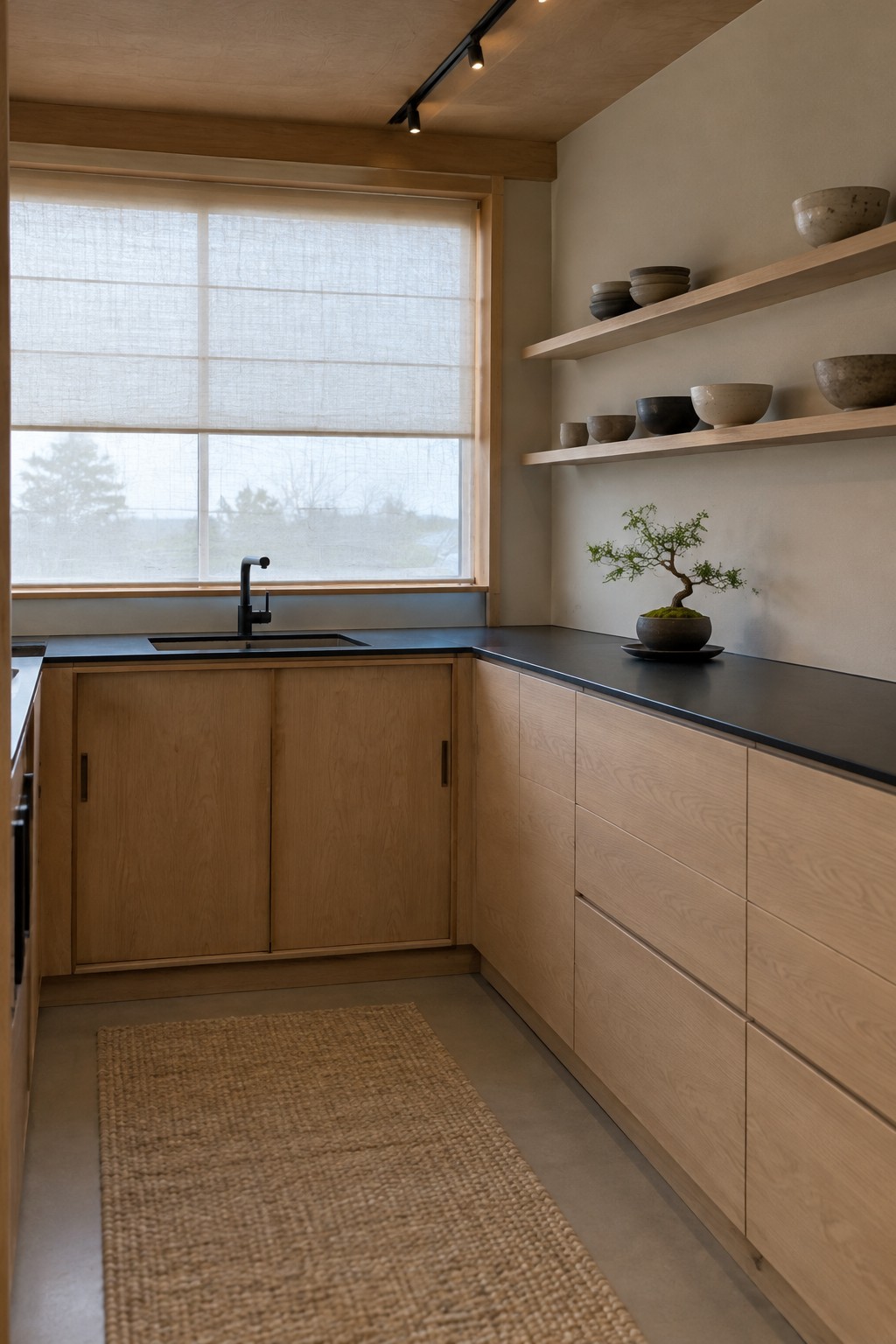 A corner kitchen sink with two sliding wood cabinet doors below it.