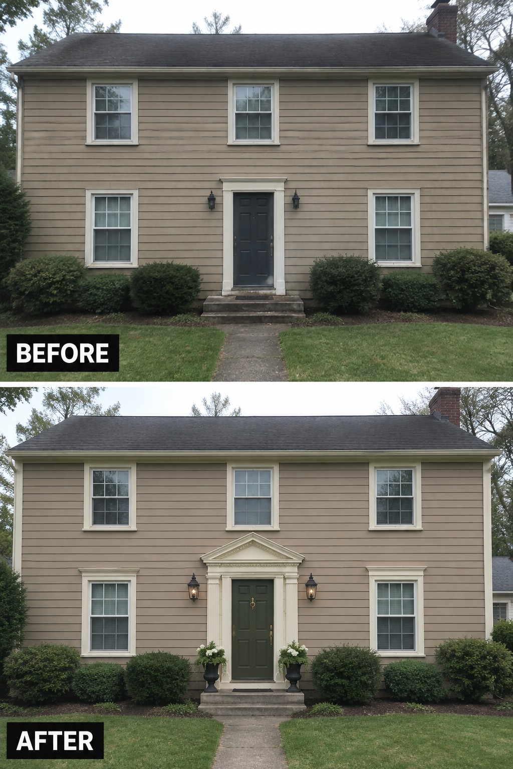 Before-and-after image of a colonial house exterior with a new pediment, columns, and green door added to the front entry.