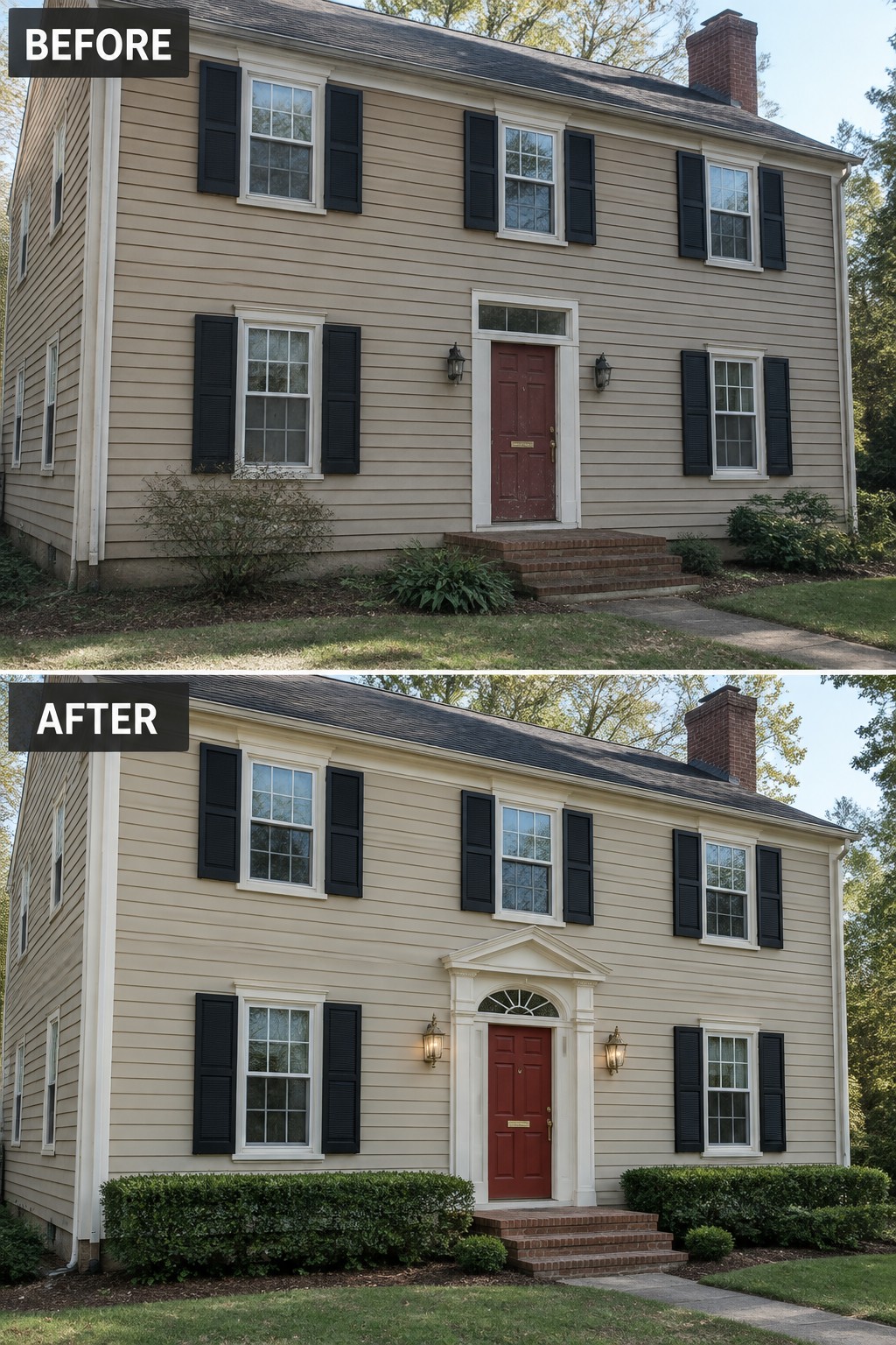 Before-and-after image of a colonial house showing the front door updated with a pediment and columns plus refreshed boxwood shrubs along the foundation.