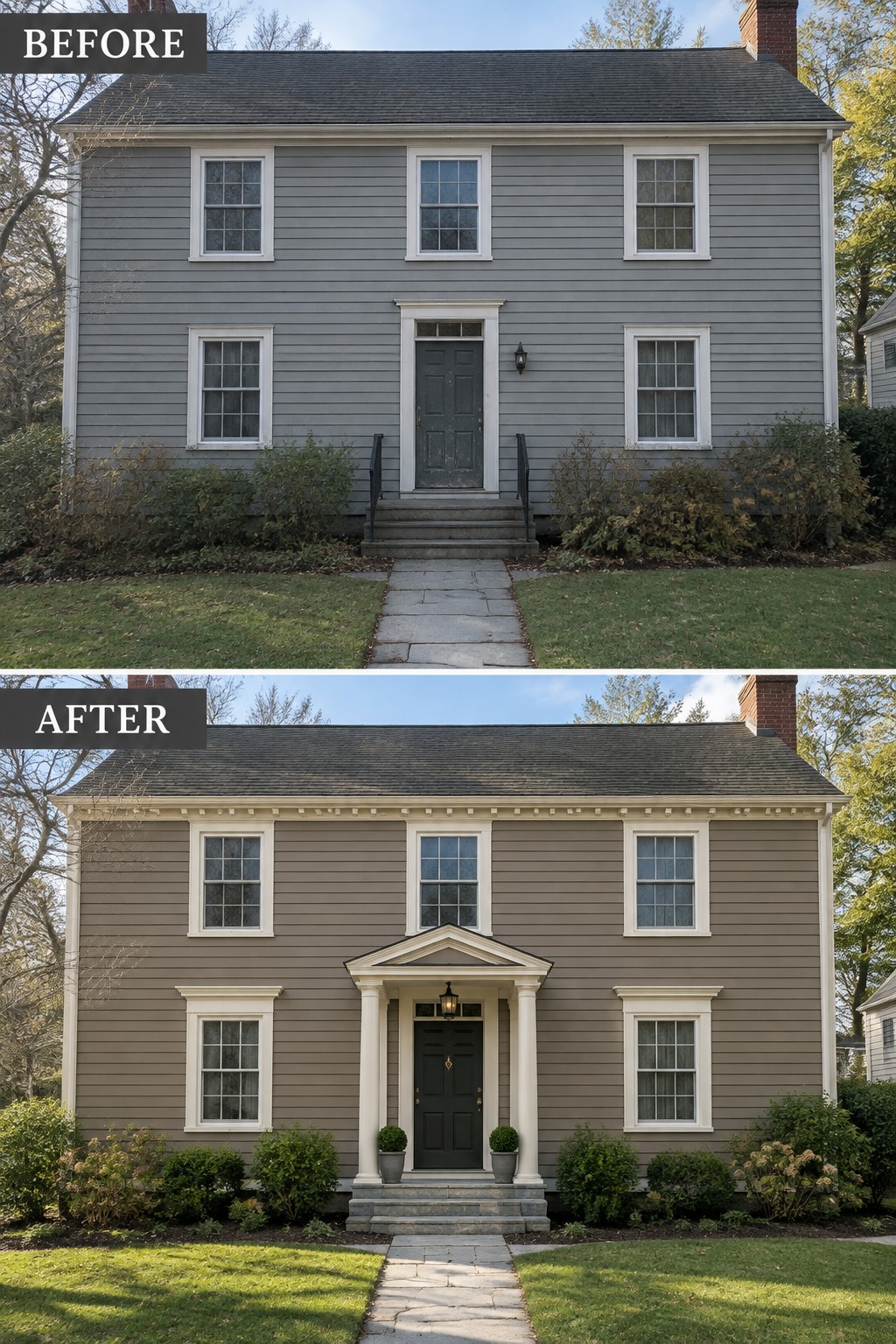 Before and after of two-story house with new white entrance portico added