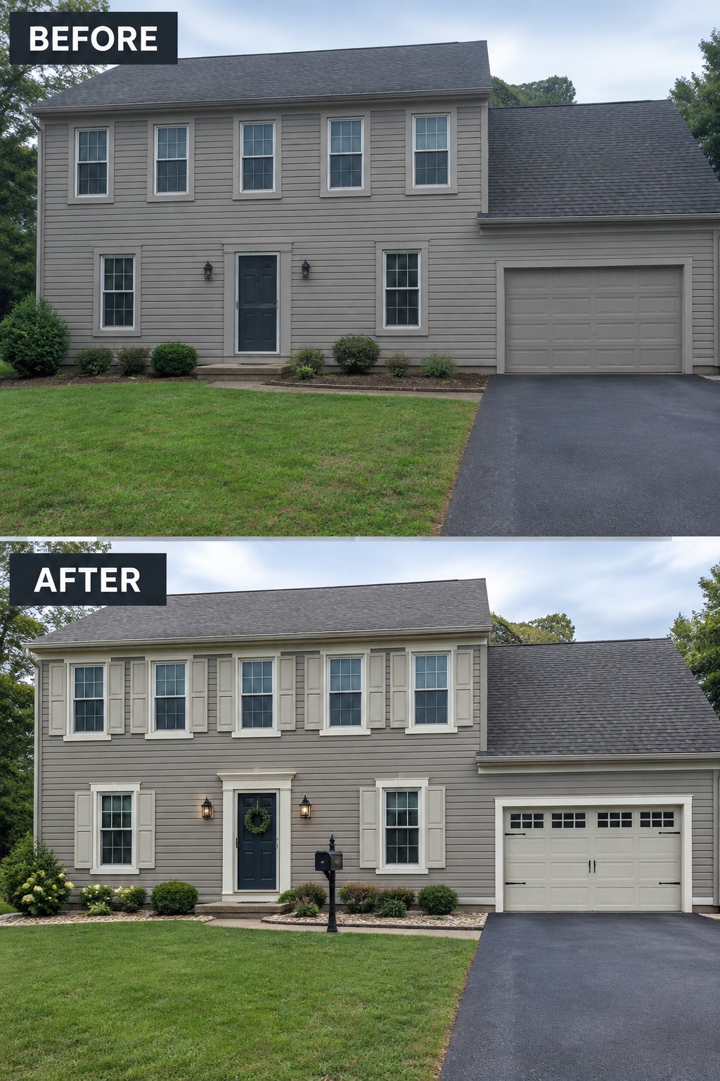 Before and after views of gray two-story house with added shutters, trim, and landscaping.