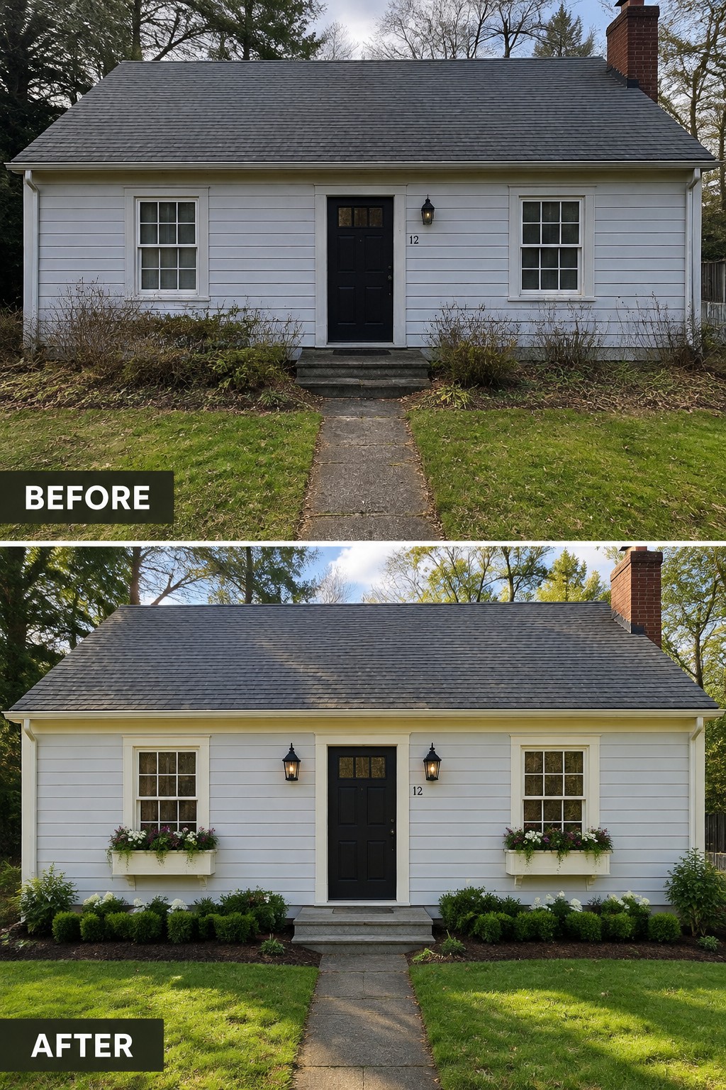 Before-and-after image of a white colonial house exterior updated with cream trim around windows and eaves, window boxes, and added landscaping.