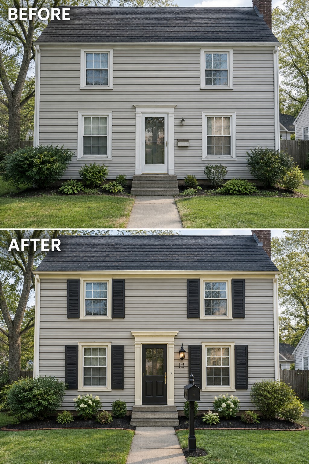 Before-and-after image of a colonial house exterior updated with black shutters, cream trim around the windows and door, and a darker front door.