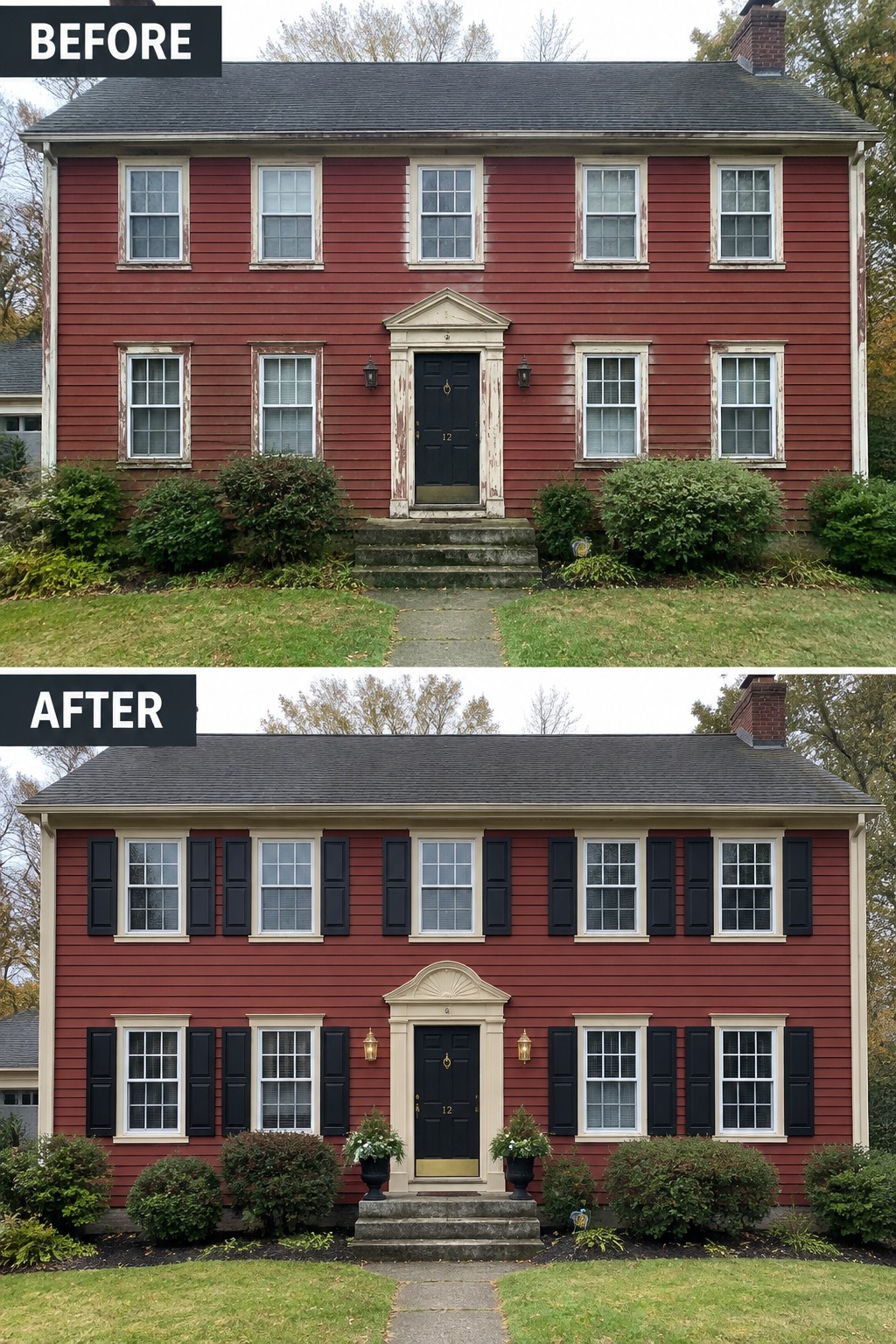 Before-and-after red house with new black shutters, trim, and potted plants added