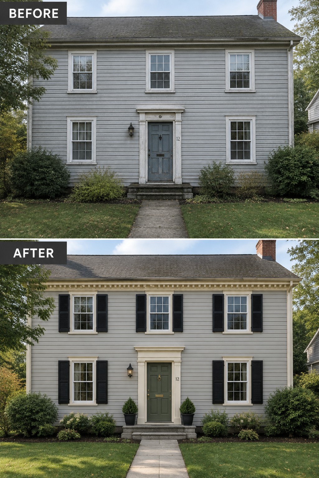 Before-and-after views of gray house with added black shutters and green door.