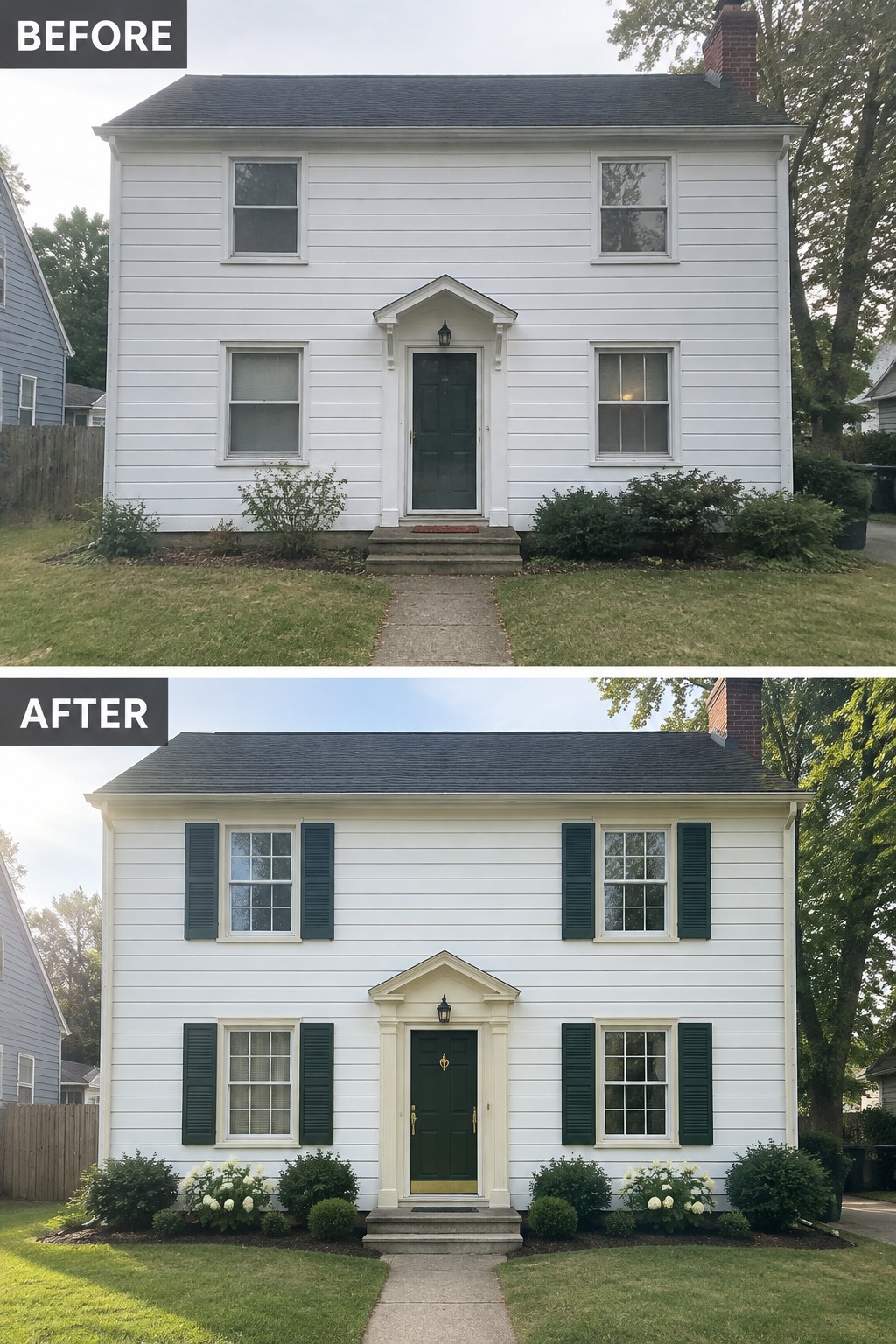 Before-and-after image of a white colonial house updated with dark green shutters, cream trim around the windows and entry, and refreshed foundation planting.