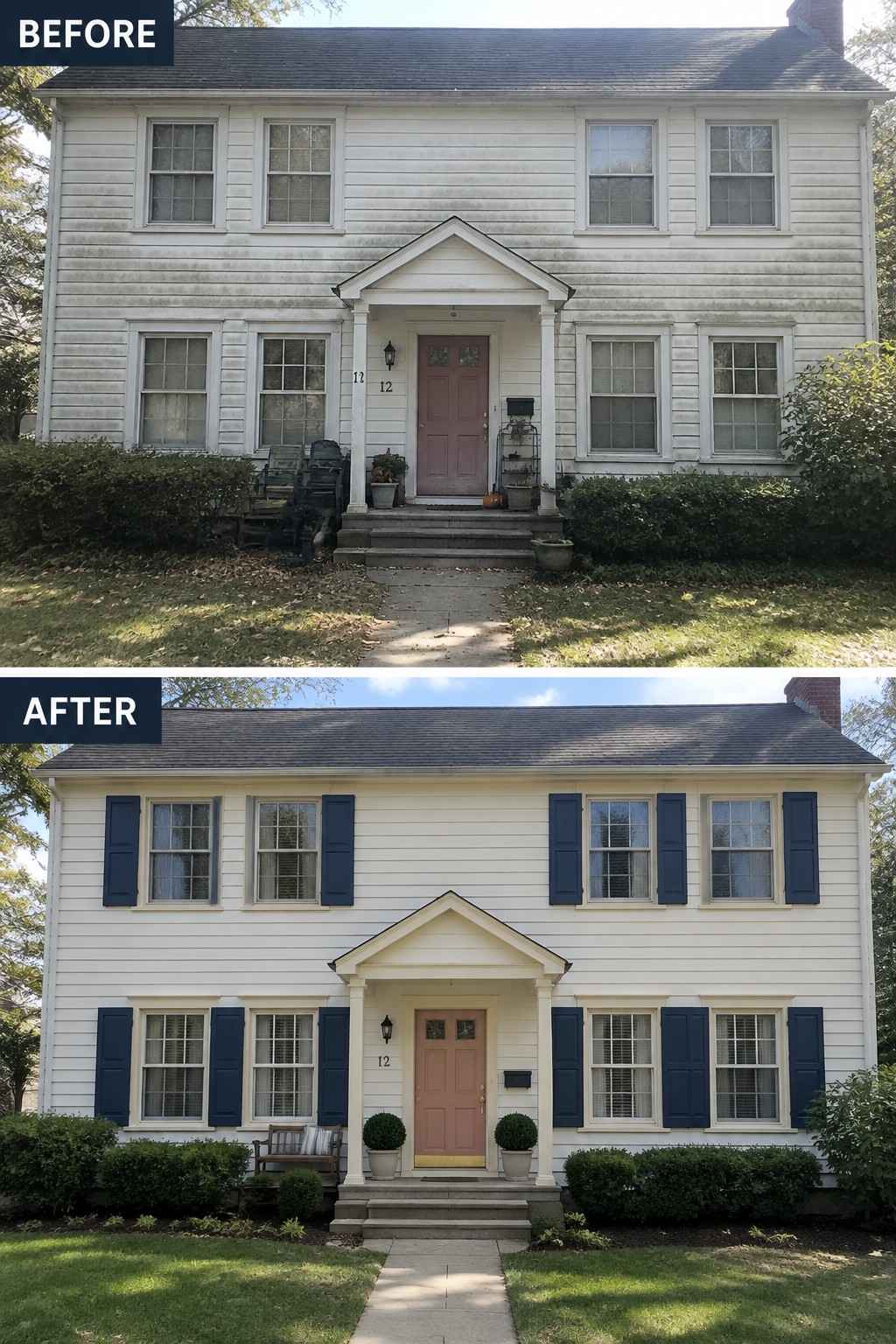 Before and after of two-story house with new blue shutters and landscaping
