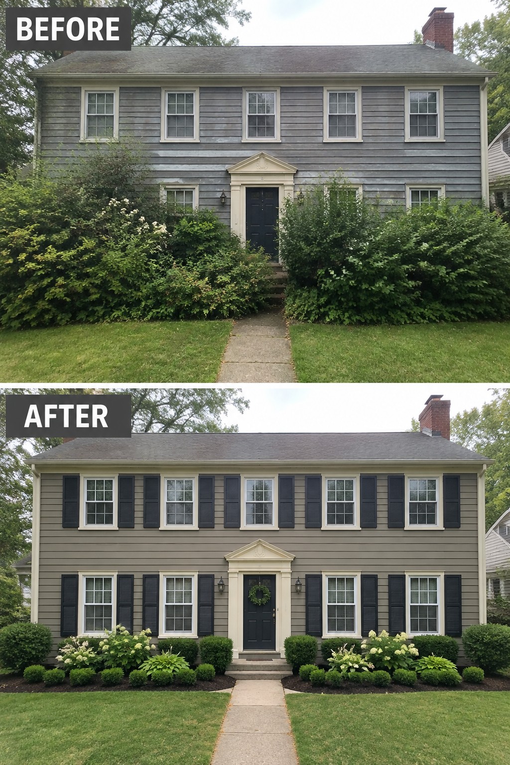 Before and after of gray house with added black shutters and trimmed landscaping