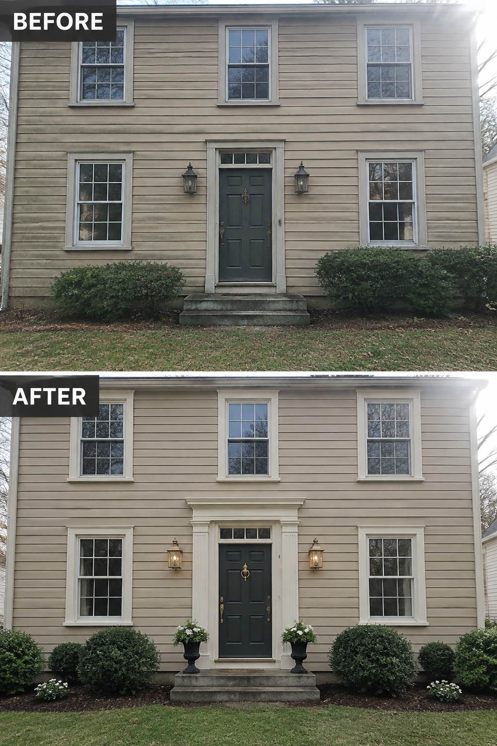 Before-and-after image of a colonial house exterior with beige siding, showing the addition of white trim and a door surround around the front entry.