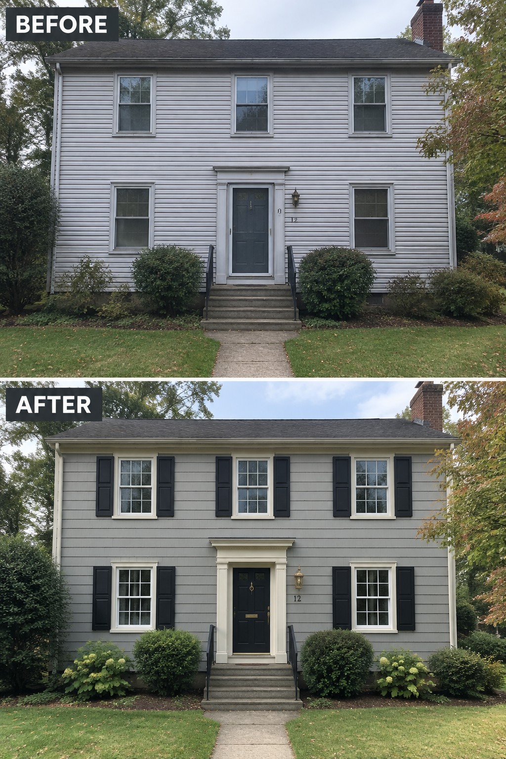Before and after of gray house with black shutters added to windows