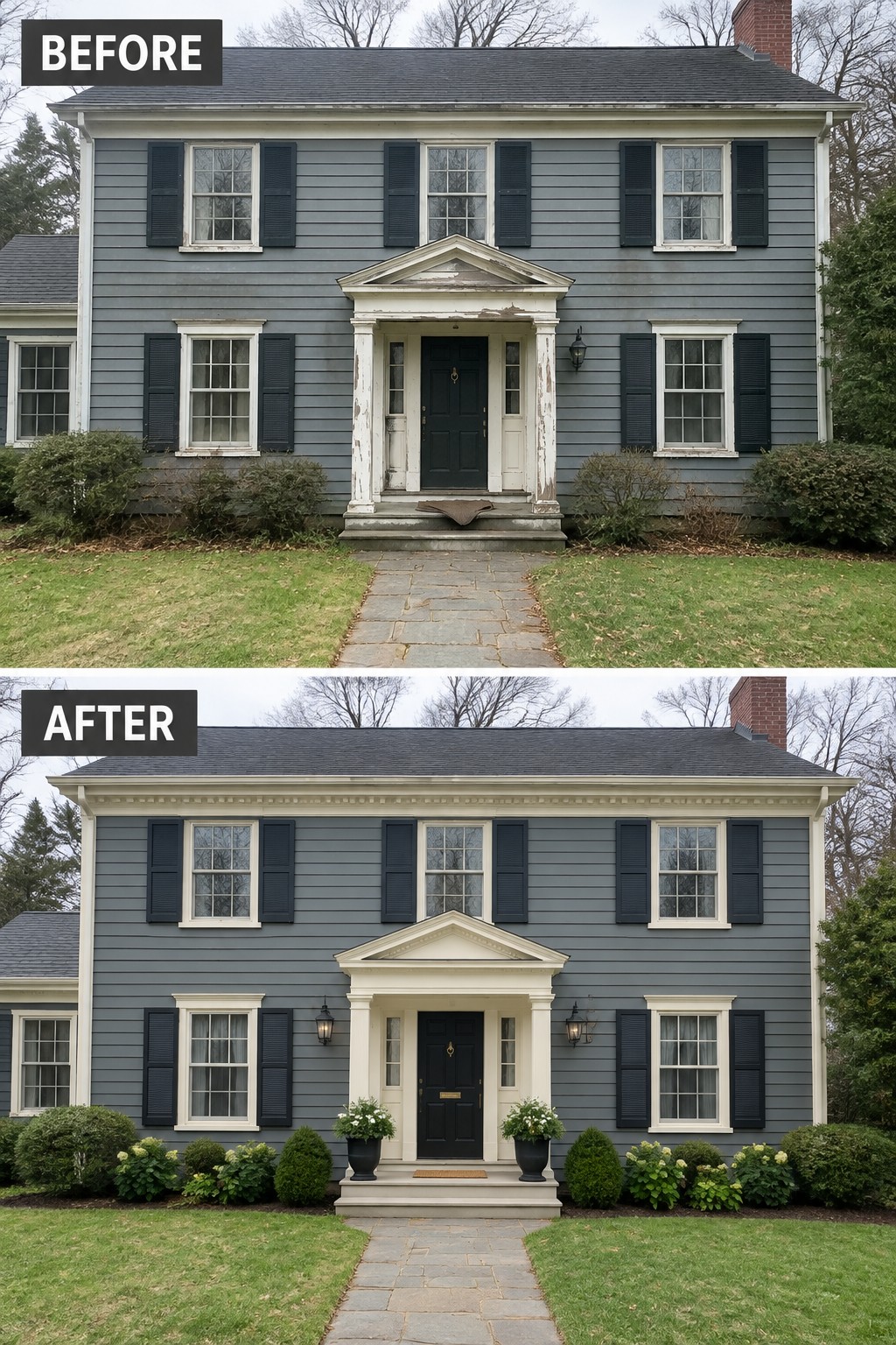 Before and after of gray house with fresh white trim and added plants.