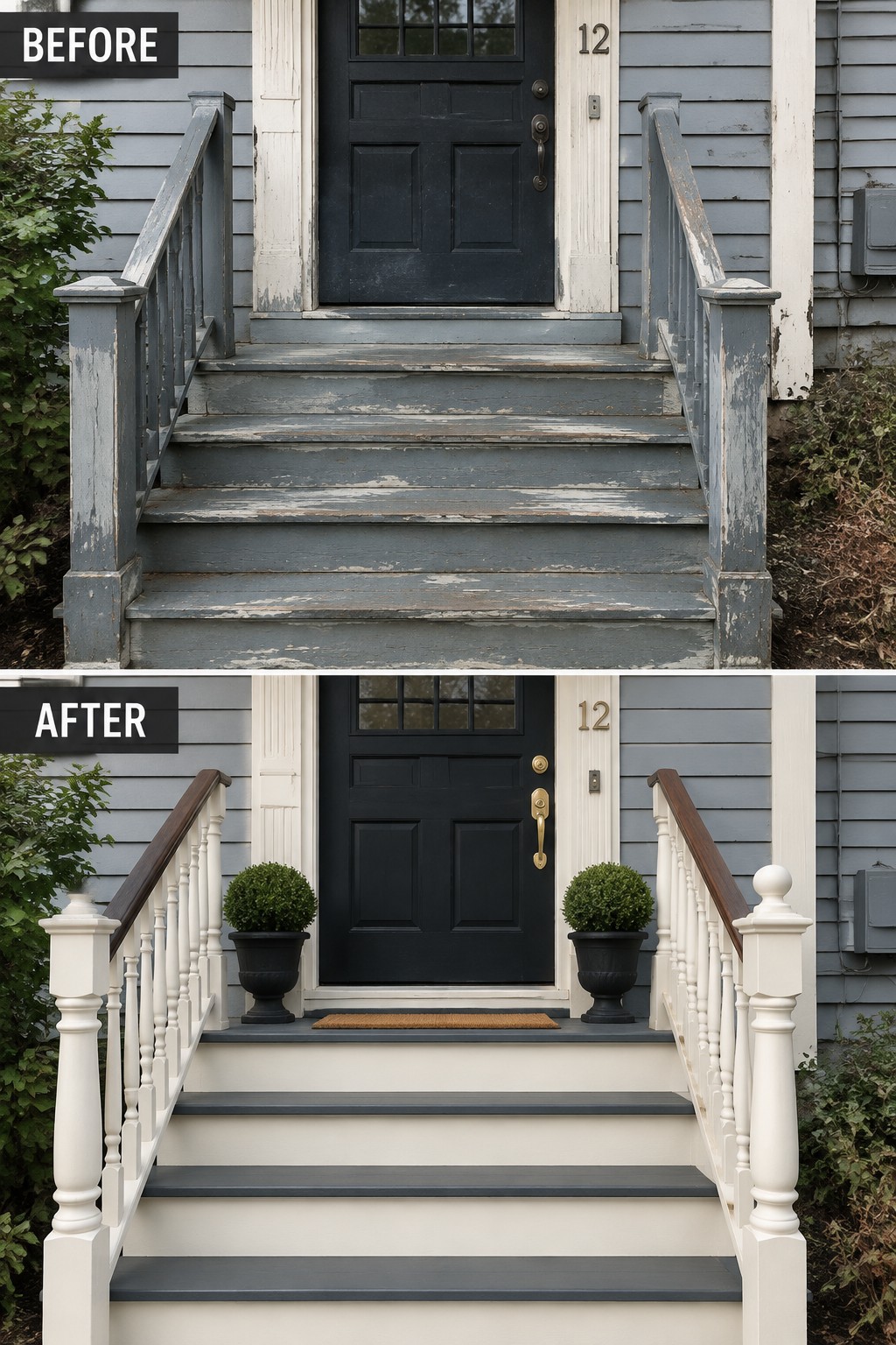 Before-and-after image of a colonial home entry showing worn gray stairs and railings updated with cream painted railings, dark steps, and two potted shrubs flanking the door.