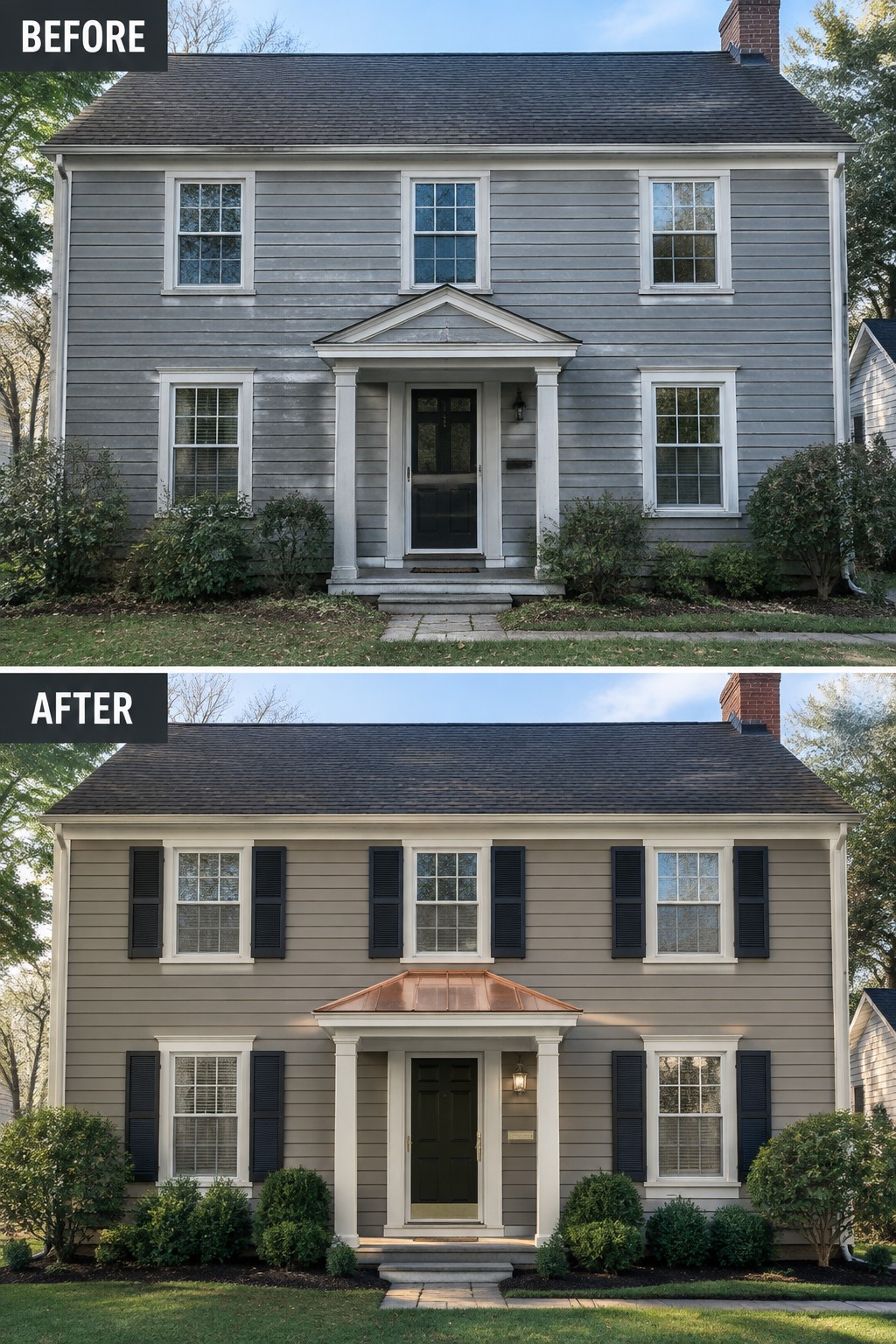 Before-and-after house exterior: gray siding to beige with dark shutters and copper-roofed entrance.
