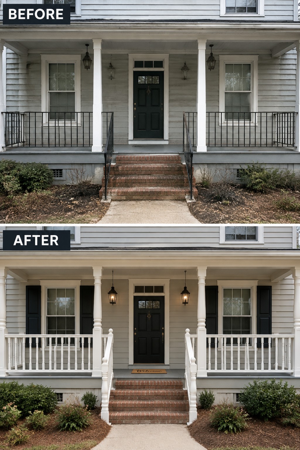 Before-and-after image of a colonial house front porch showing dark metal railings replaced with white wood railings, added black shutters, and refreshed landscaping around the steps.