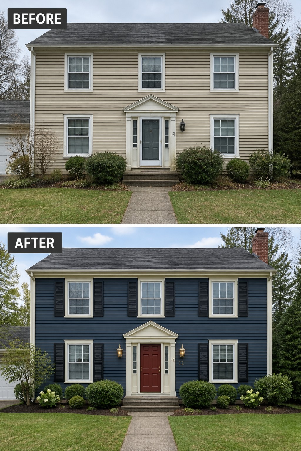 Before-and-after house exterior with beige-to-navy siding, gray-to-red door, and black shutters.