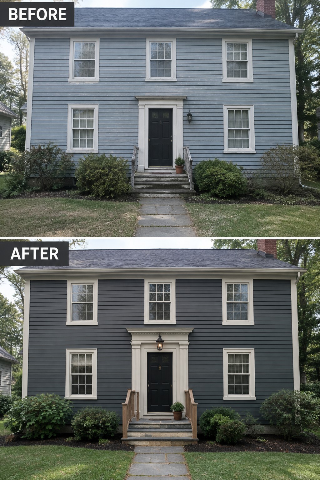 Before and after views of a two-story house repainted light blue to dark gray