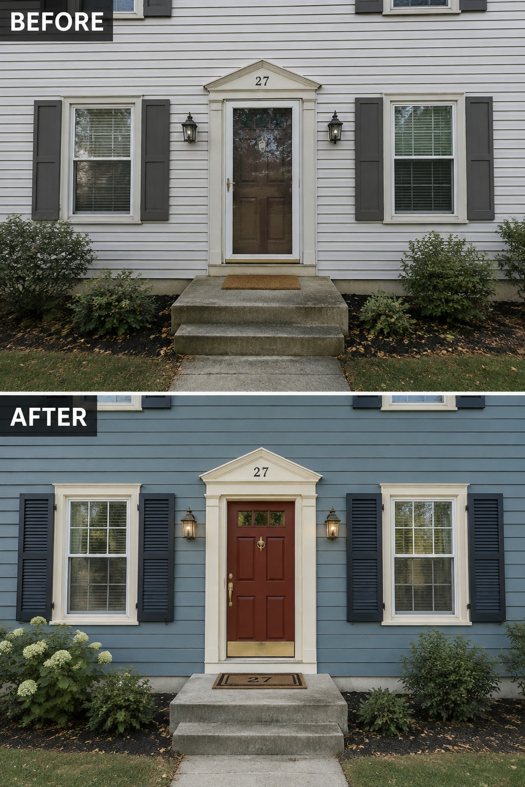 Before-and-after image of a colonial house exterior with white siding changed to blue-gray, cream trim added around windows and door, and a red front door installed.