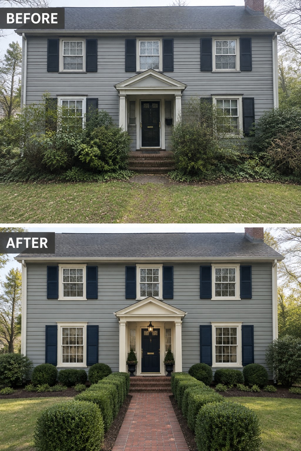 Before and after views of a gray house with landscaped yard and brick walkway.