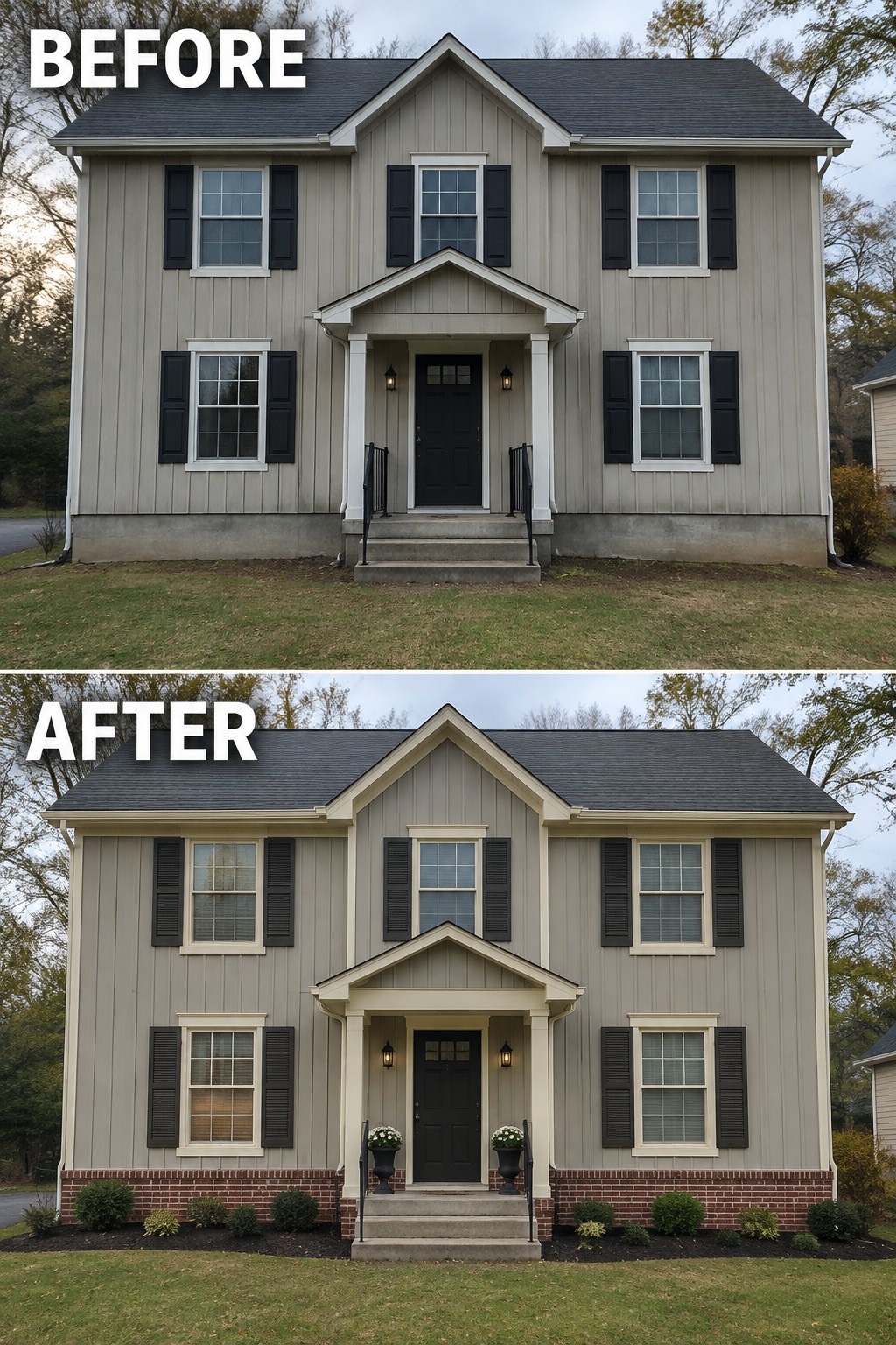 Before-and-after image of a two-story colonial house with gray siding updated from white trim to cream trim with a new brick foundation and entry planters.