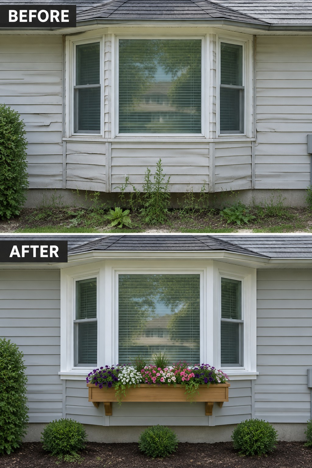 Before-and-after image of a vinyl-sided house exterior showing a bay window before and after adding a wooden window box with flowers and cleaned-up landscaping.