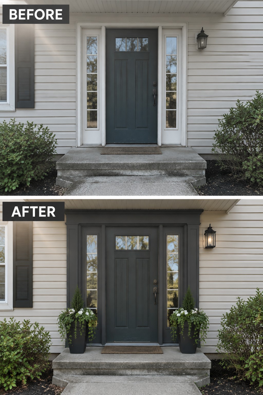 Before and after of dark green door with matching trim and added potted plants.