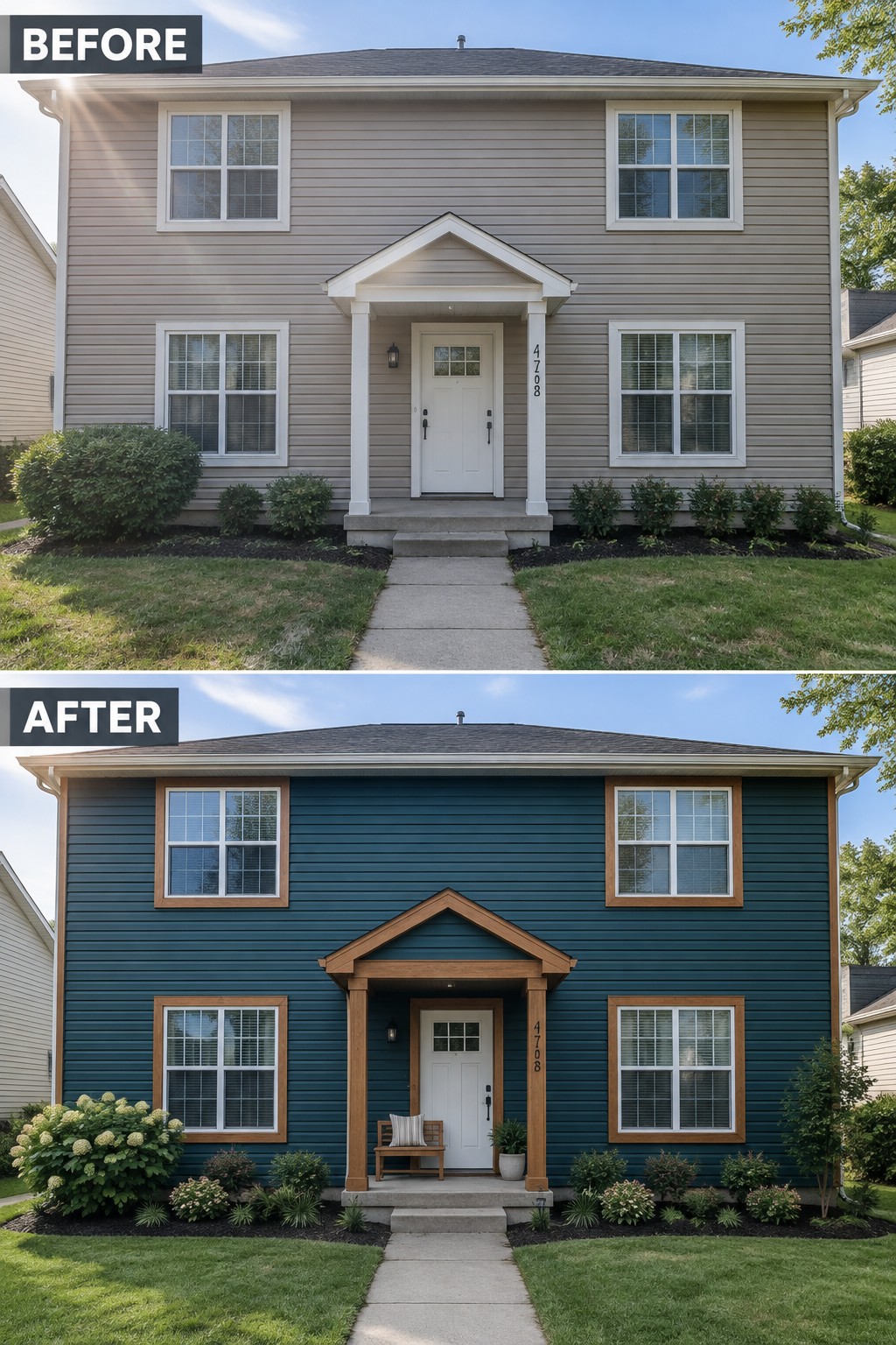 Before-after house exterior: beige siding to dark teal with wood porch accents.