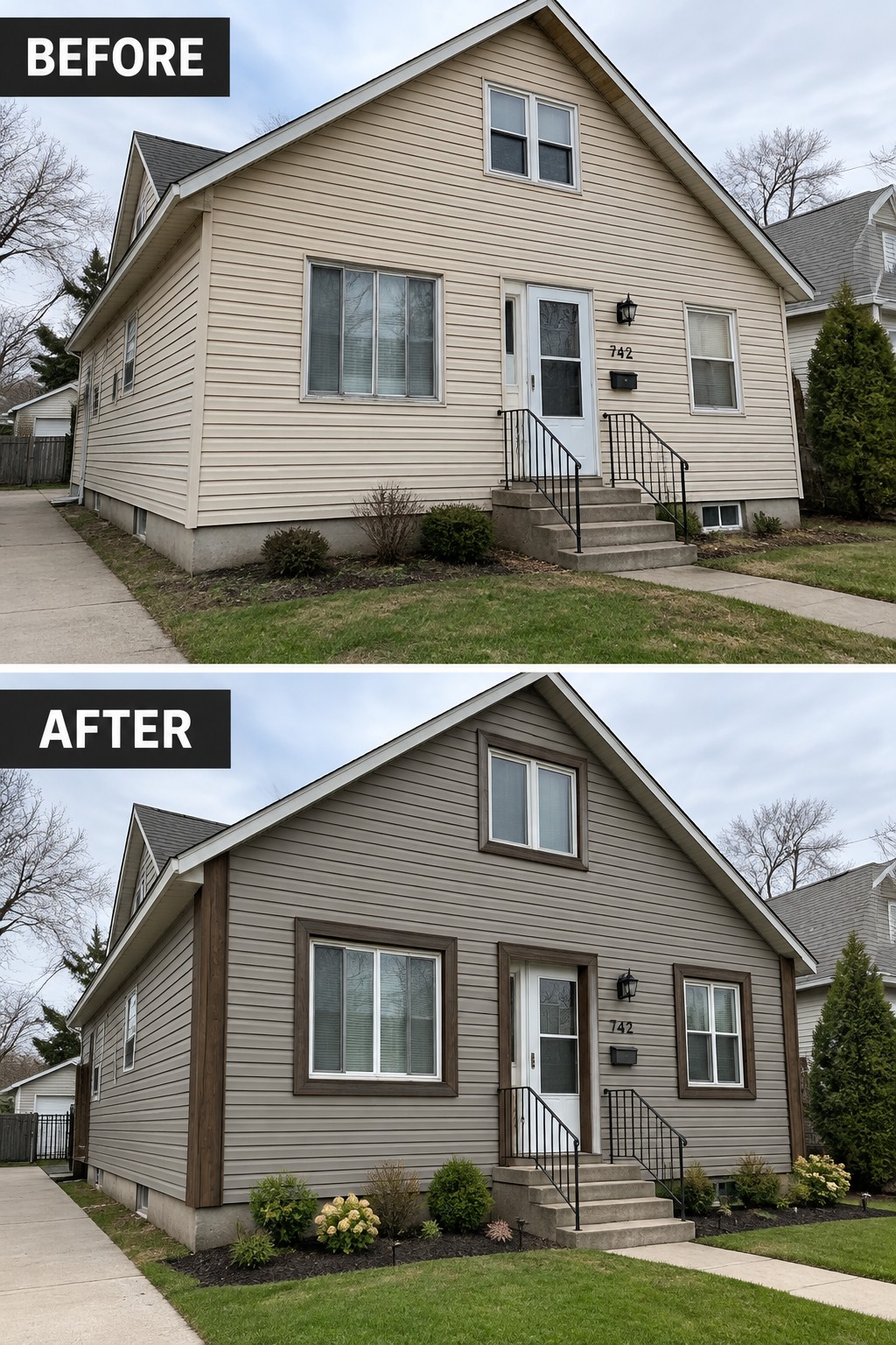 Before-and-after image of a house exterior showing beige vinyl siding updated to gray with added dark trim around windows and vertical corners.