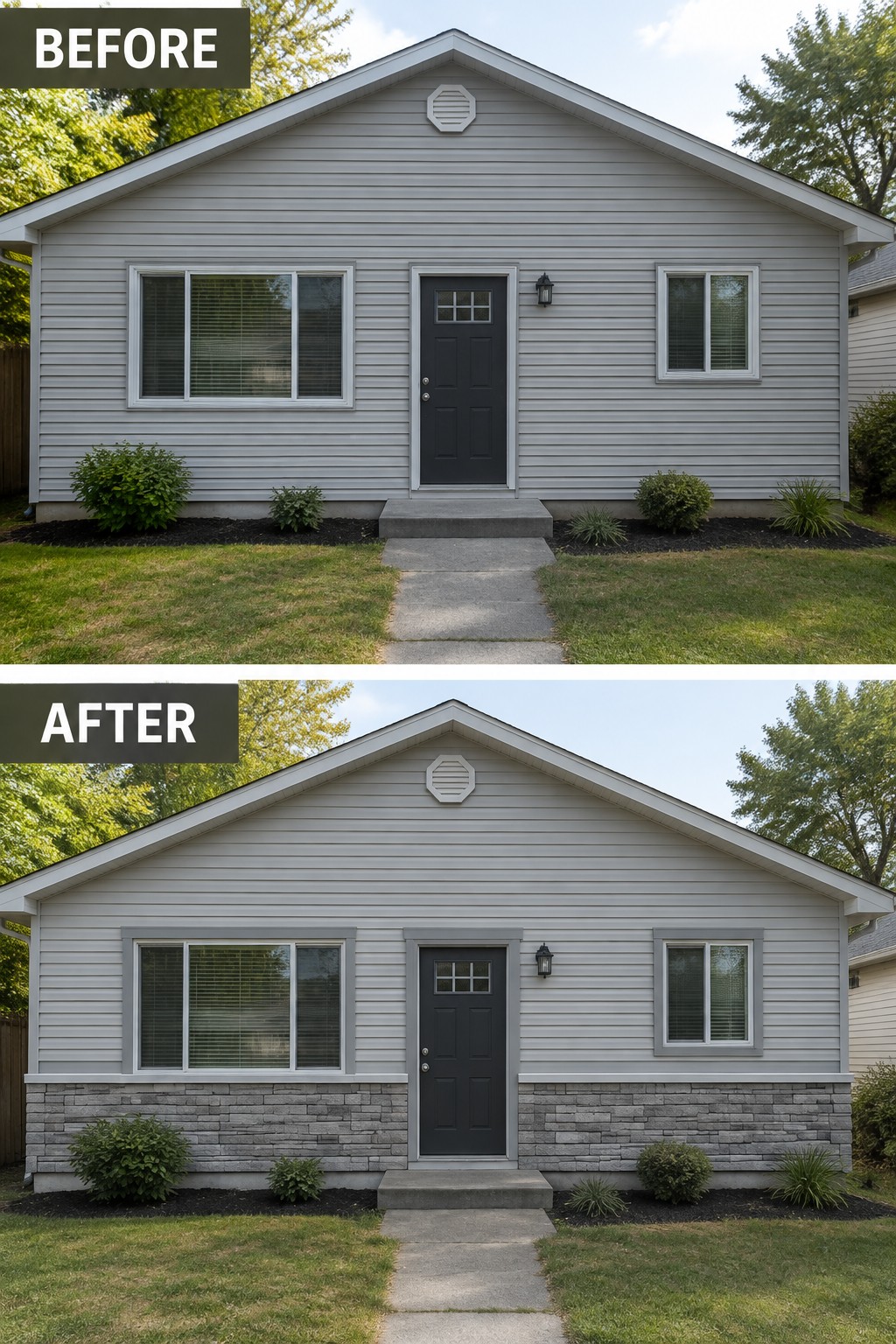 Before and after views of house with added gray stone foundation and trim.