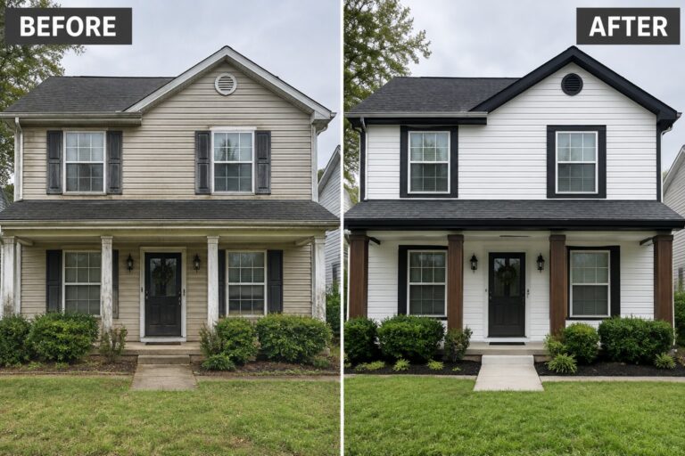 22 Smart Vinyl Siding Before and After Ideas With Modern Trim Updates Before and after of two-story house with new white siding and black trim.