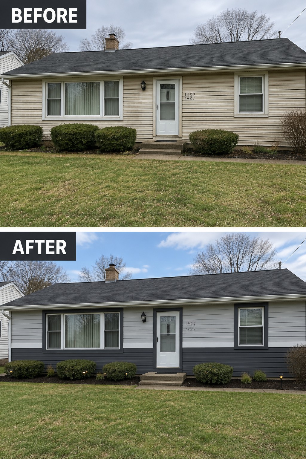 Before and after of beige house repainted gray with black window trim and landscaping.