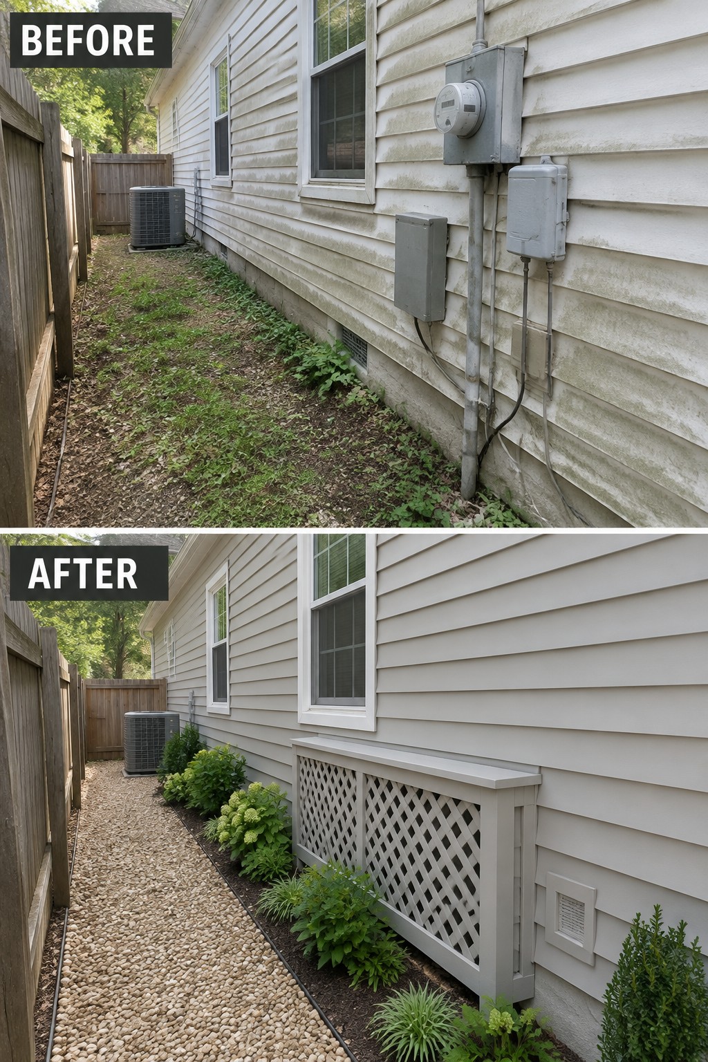 Before-and-after image of a house side wall showing exposed utility boxes and bare foundation changed by adding a lattice screen with trim and updated landscaping along the base.