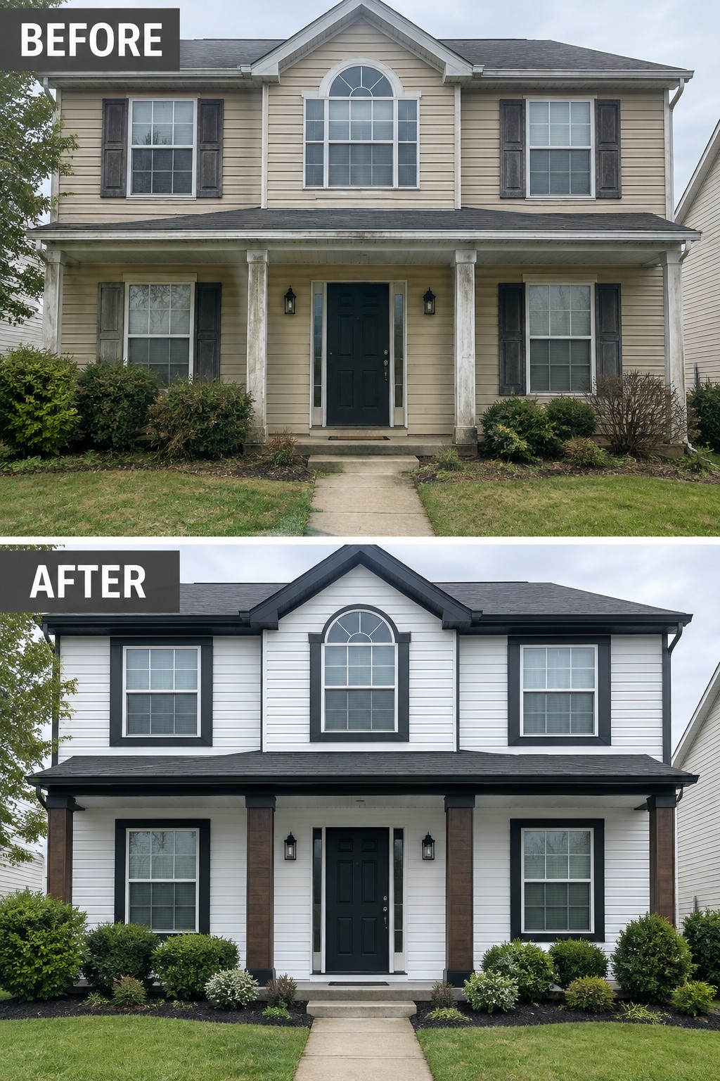 Before and after of two-story house with new white siding and black trim.