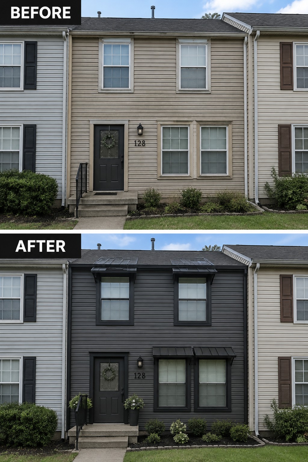 Before-and-after image of a townhouse exterior changed from light beige siding to dark gray siding with black window trim and added awnings.