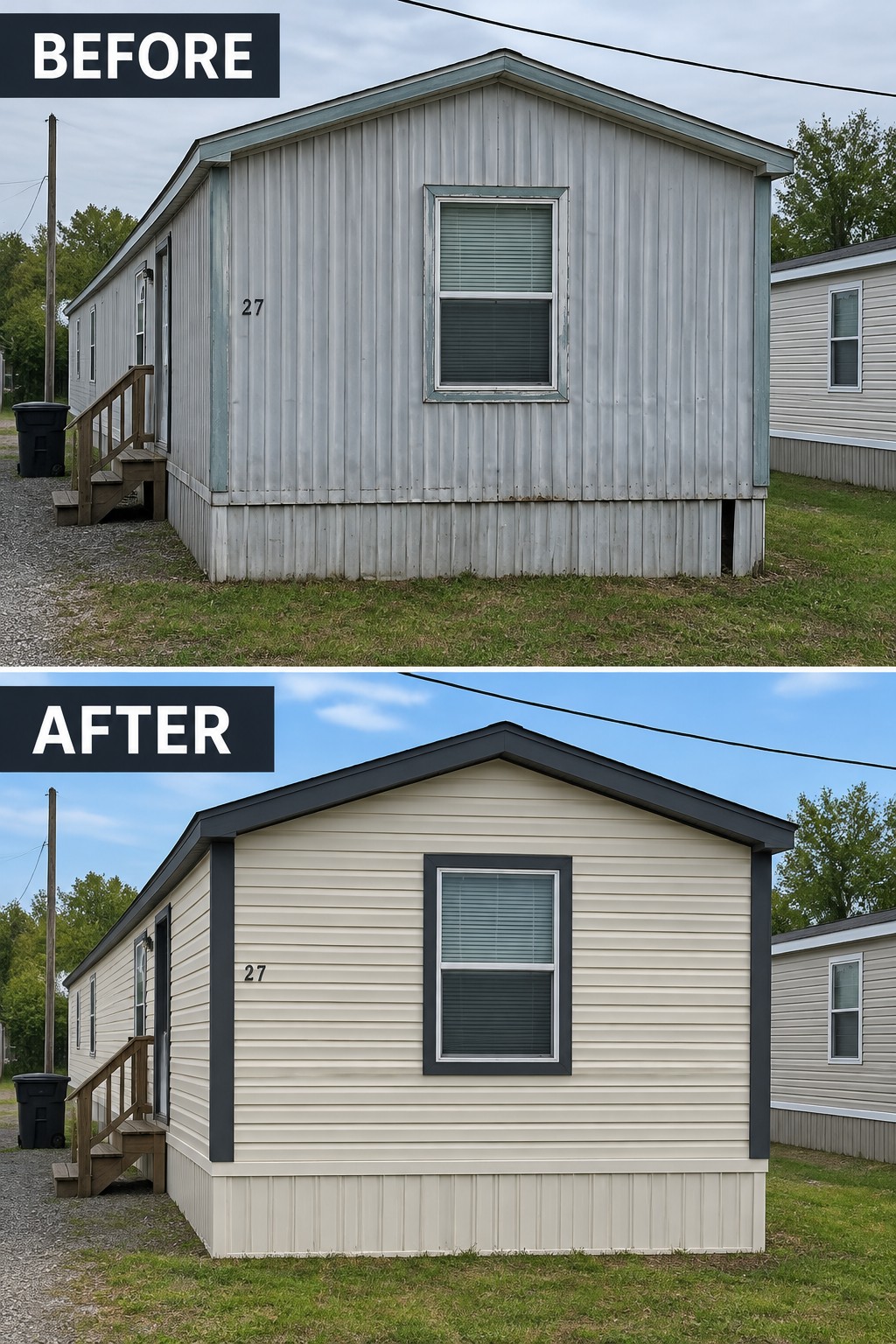 Before-and-after exterior renovation of mobile home from gray to beige with black trim.