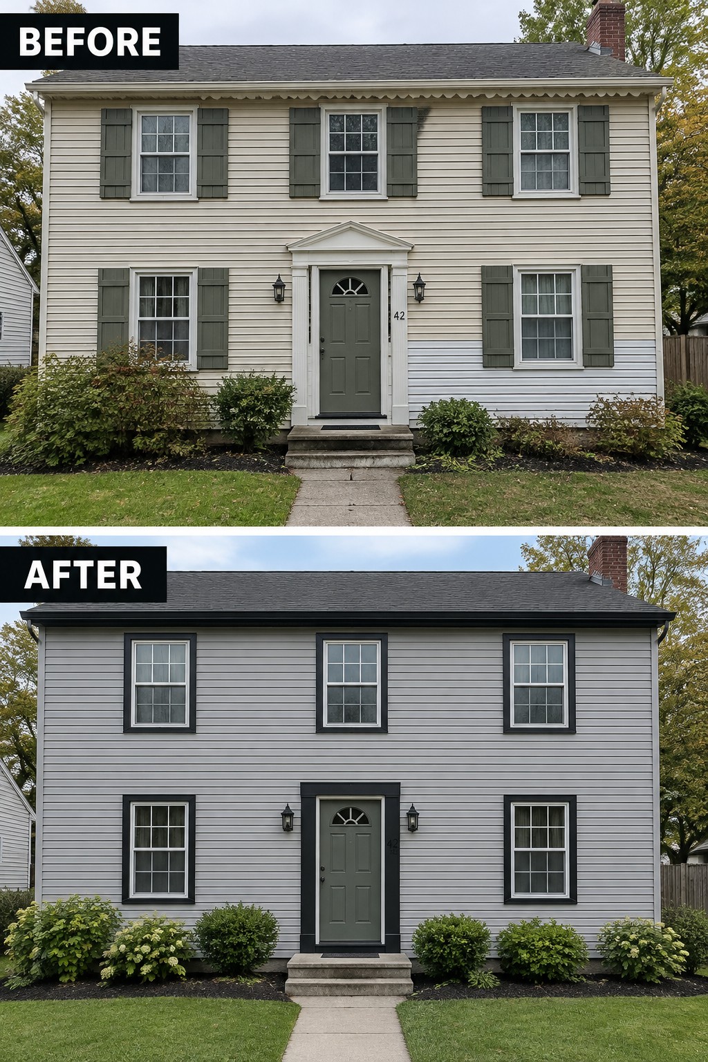 Before and after of two-story house with beige siding repainted gray and black trim.