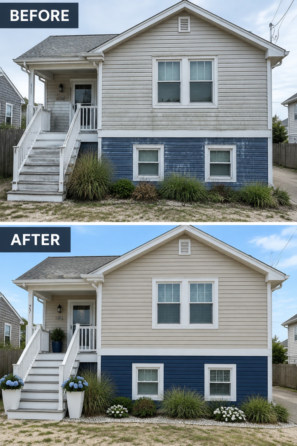 Before and after views of a two-story house with added flower pots and garden landscaping.