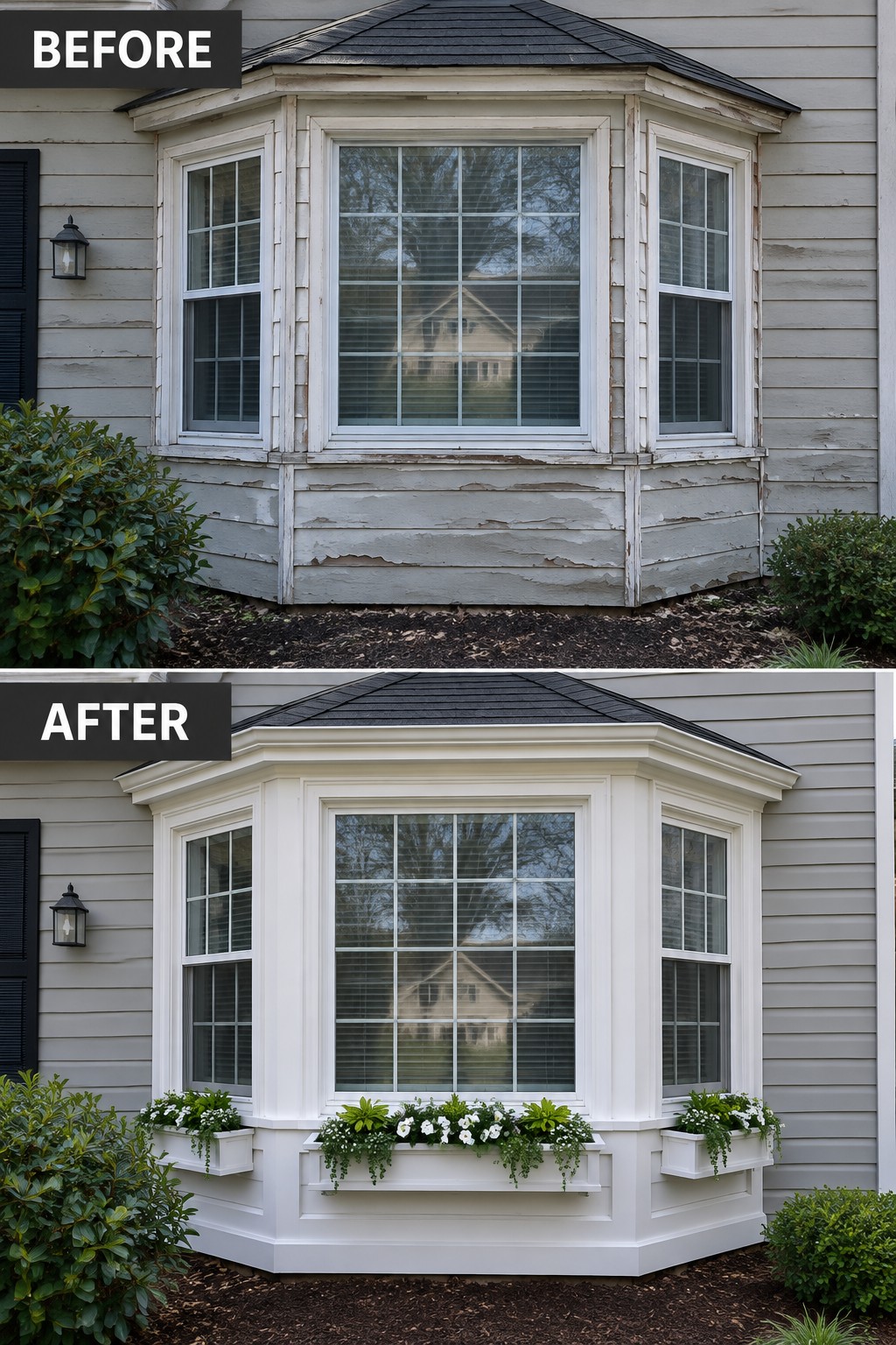 Before and after of bay window, peeling paint fixed with fresh white finish and flower boxes.